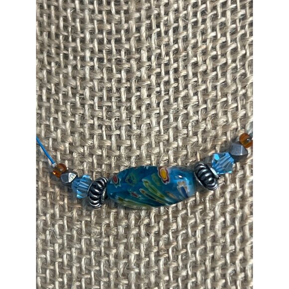 Millefiori Glass Bead Necklace Collar Blue Line Lobster Clasp Silver Tone 17" - Picture 2 of 4